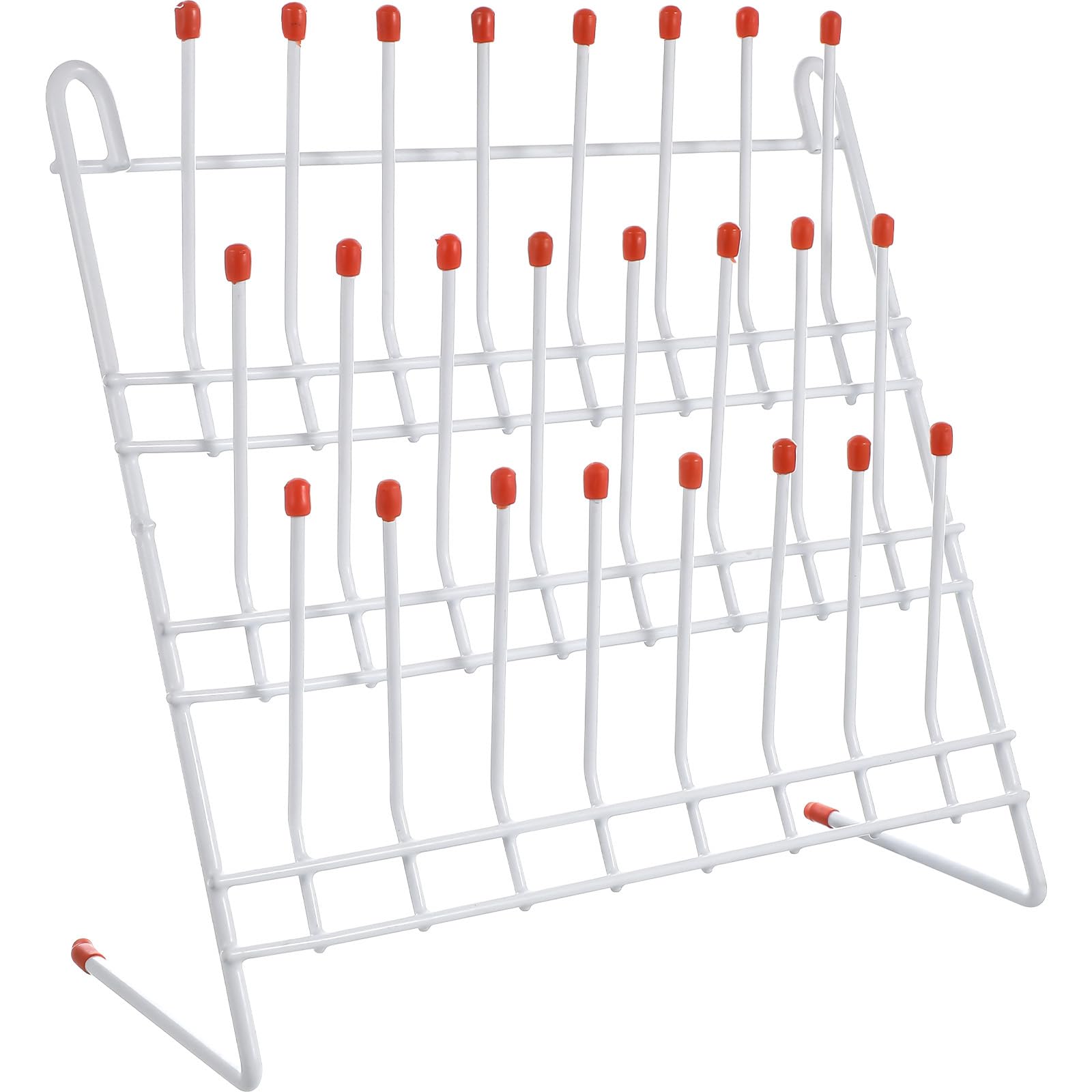 TEHAUX Lab Drying Rack, Space-Saving Lab Beaker and Tube Drying Holder with Non-Slip Red Top, Sturdy Iron Frame, 24 Pegs Vertical Drying Rack for Laboratory Glassware and Bottles (White)