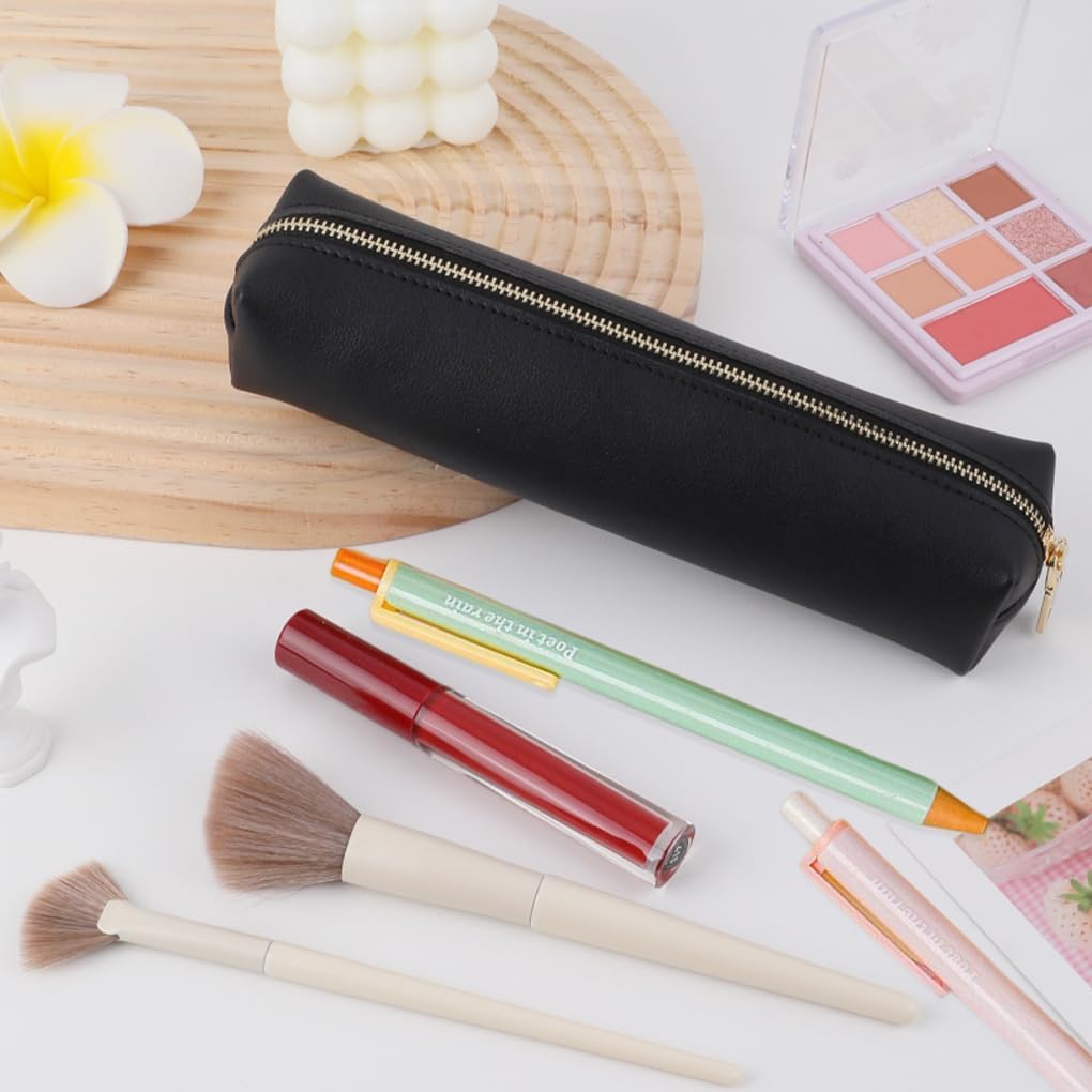 Small Pencil Case,Leather Pencil Case for Girls & Women Cute Aesthetic Black Zippered Pouch Portable Large Capacity Stationery Organizer & Cosmetic Bag for School College Office Travel - Image 2