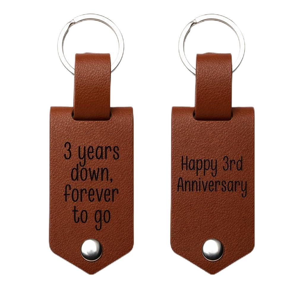 LCOLYDM 3rd Wedding Gift, 3 Year Leather Gift for Him, Husband Wife Leather Keyring, Engraved Leather Keychain, 12cm, Meaningful Anniversary Present for Her, 1 Piece (Brown-2)