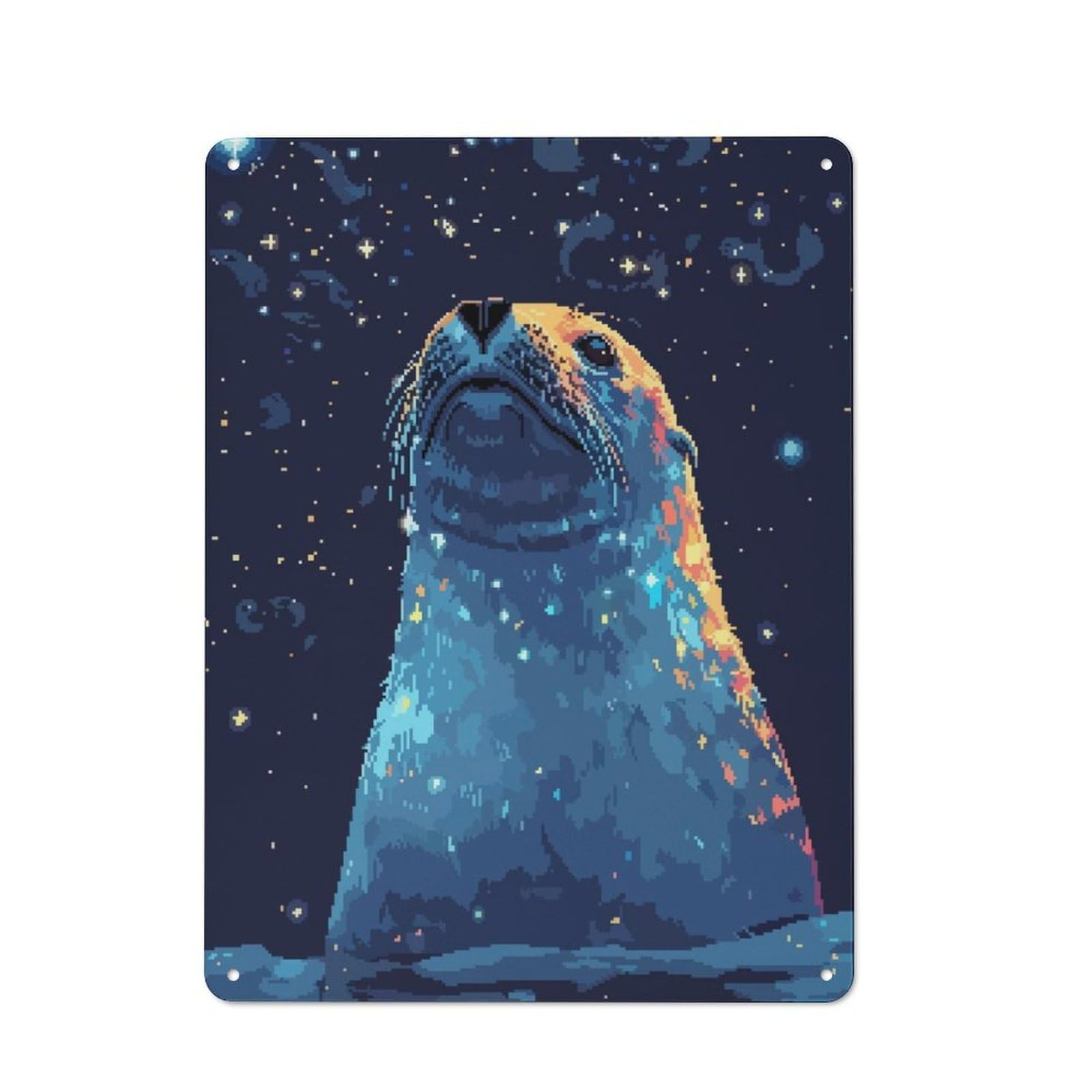 Junmoney Retro Cute Seal Pixel Art Metal Wall Sign 40X30cm Featuring For Pub Or Café, For Pub Decor Enthusiasts, For Retro Home Interiors