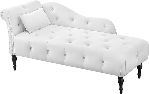 Miniatura 129 de Polibi Tumbona pequeña de 58 pulgadas con cabeza de clavos, moderna tumbona de terciopelo copetuda para sala de estar u oficina, sofá de descanso /
