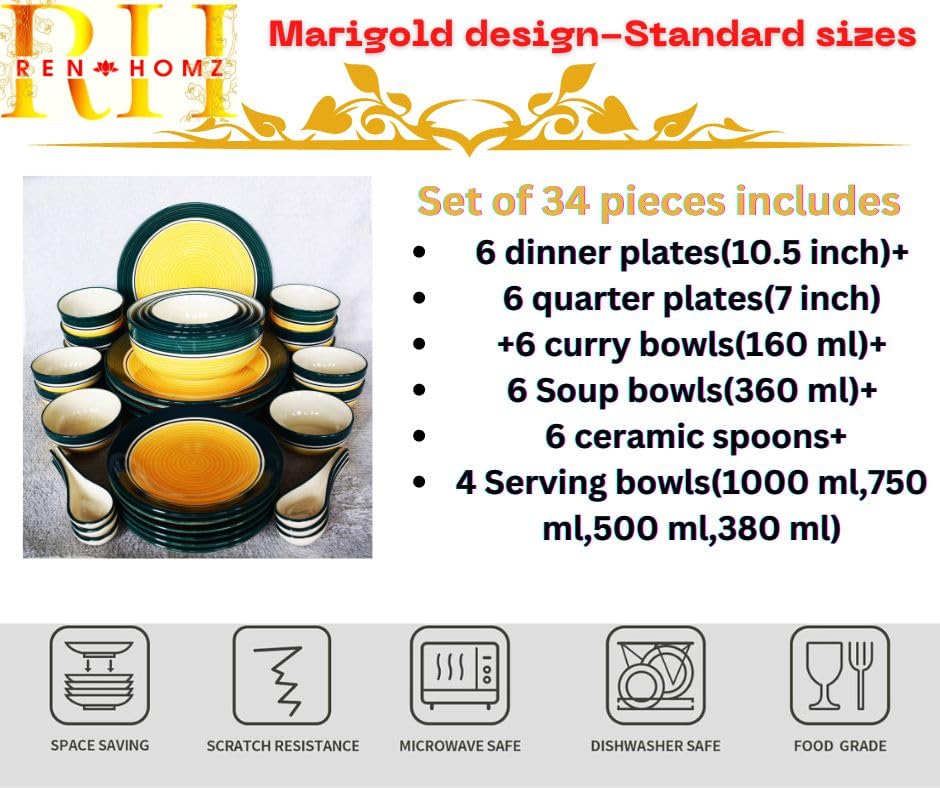 Image of Ceramic Dinner Set of 34 Pieces- Premium Marigold Collection | Chipproof Handpainted Stoneware Ceramic Set l | Lead and Cadmium Free,Food Grade Quality (Marigold Yellow Green, 34)