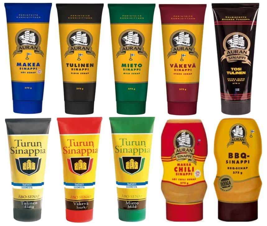 Auran Mostaza (paquete de 10)  Elige cualquier paquete de 10 de mostaza finlandesa de muchos sabores