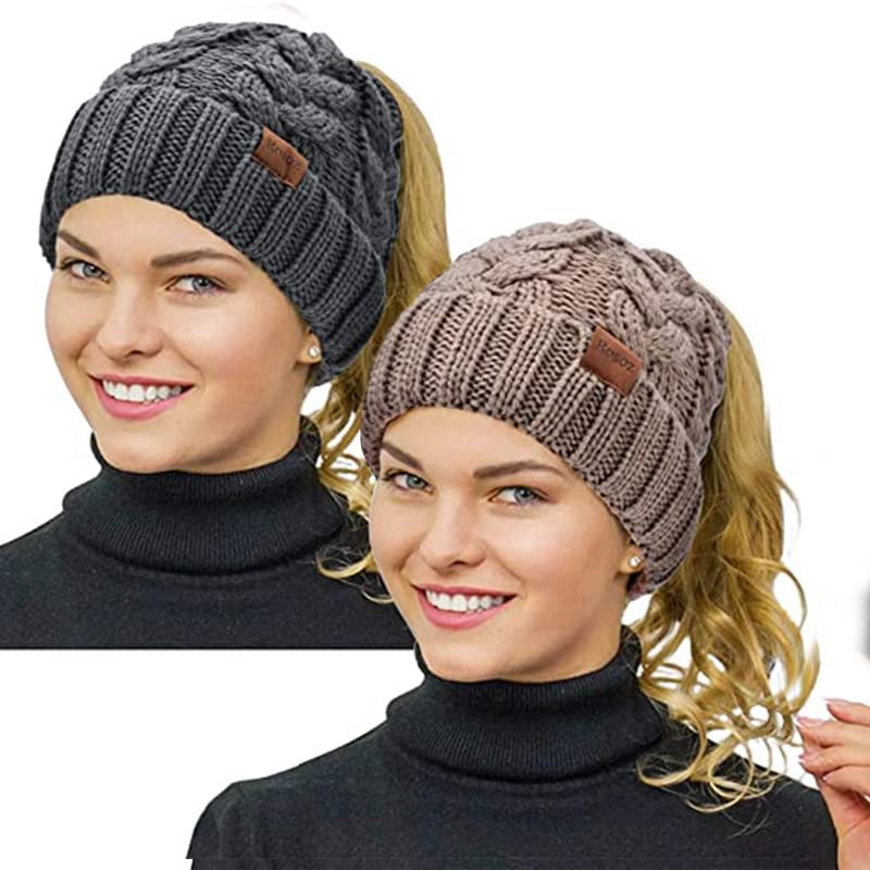 Rosoz Ponytail Beanie for Women Winter Warm Beanie Tail Soft Stretch Cable Knit Messy High Bun Hat