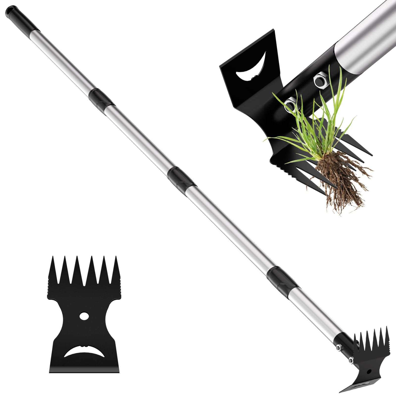 Weed Remover Tool 2-in-1 Weed Rake & Hoe Combo, Heavy Duty Manual Weed Puller with 40-148cm Adjustable Long Handle, Ergonomic Weeding Tools for Lawn, Yard, Patio, Garden
