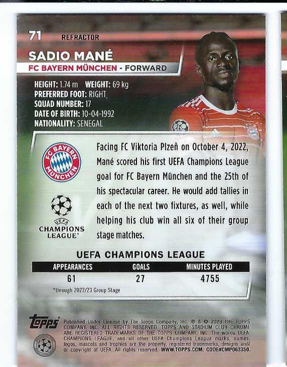 Amazon.com: SADIO MANE 2022-23 Stadium Club Chrome UEFA Club