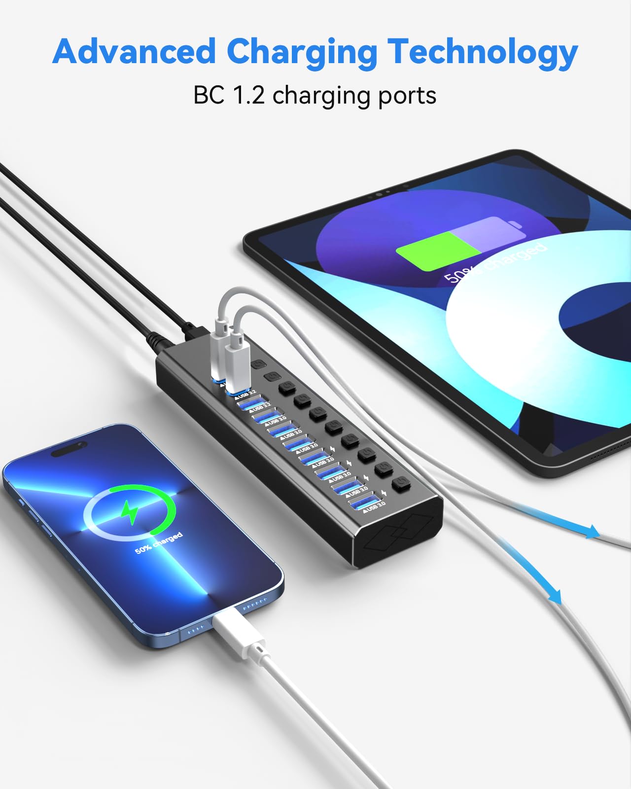 Powered Hub USB 3.2, hub 10 Ports 3.2/USB-C (10 Gbps A 3.2 + 2 C + 7 3.0 Ports) avec interrupteurs Marche/arrêt individuels et Adaptateur d'alimentation 12 V, Protection en Aluminium