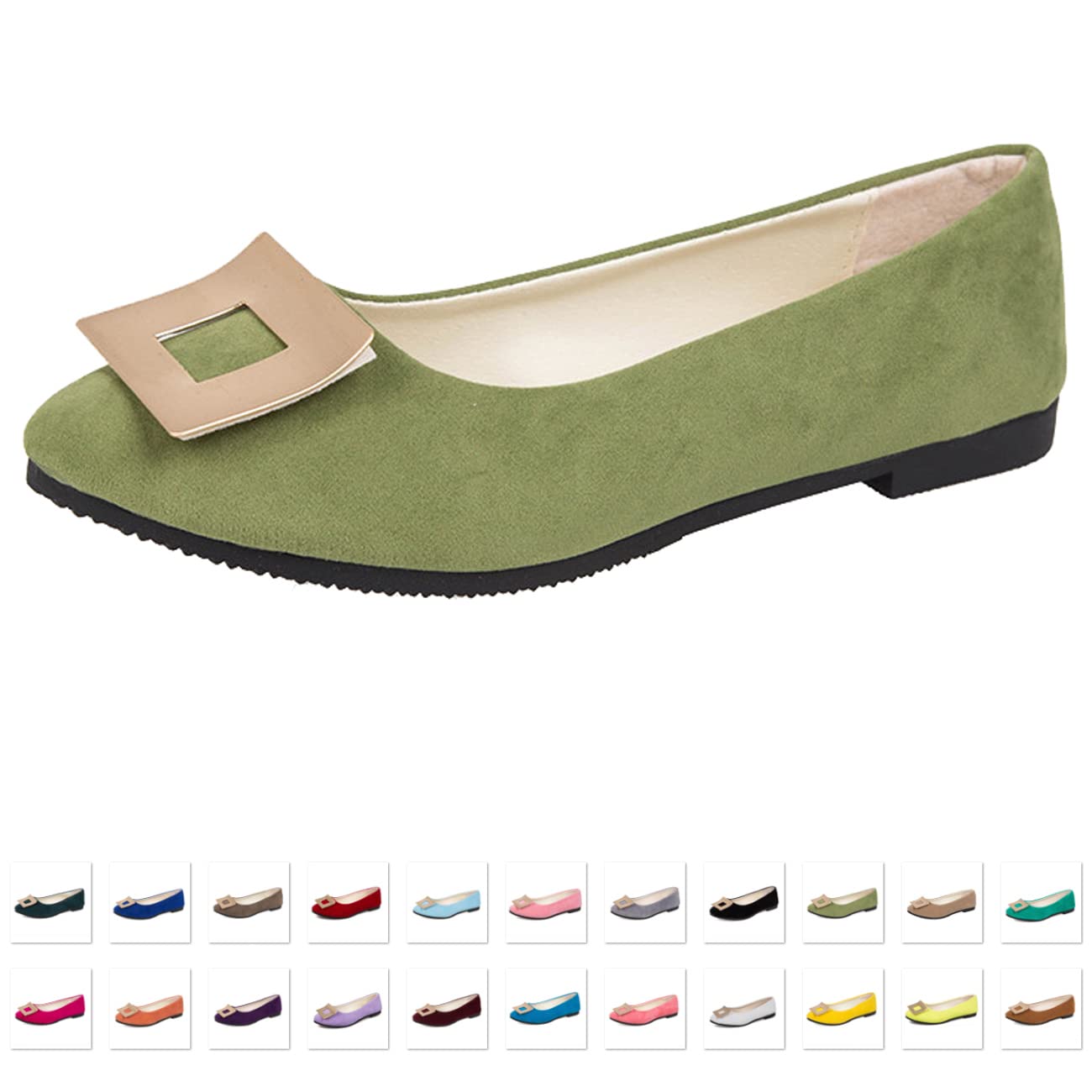 Hwalleum 23 Color Options Ballet Flats for Womens, Women Pure Color Comfort Pointed Toe Flat Shoes with Metal Buckle Adornment Perfect for Walking Travel Office Driving Wedding Bride