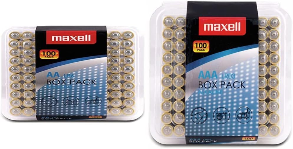 Maxell 790410 Alkaline LR03 AAA Batteries Box Pack (100 Pack) & Alkaline LR6 AA Batteries Box Pack (100 Pack)