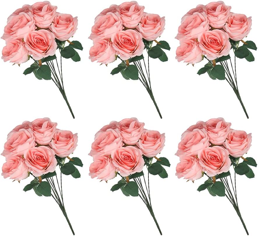 YATAI Pack of 6 Artificial Flowers Bunch, Elegant Silk Rose Flower, Realistic & Durable Faux Flower for Vase Filling, Eco-Friendly & No Maintenance Fake Flowers Bouquet for Home & Office Decor