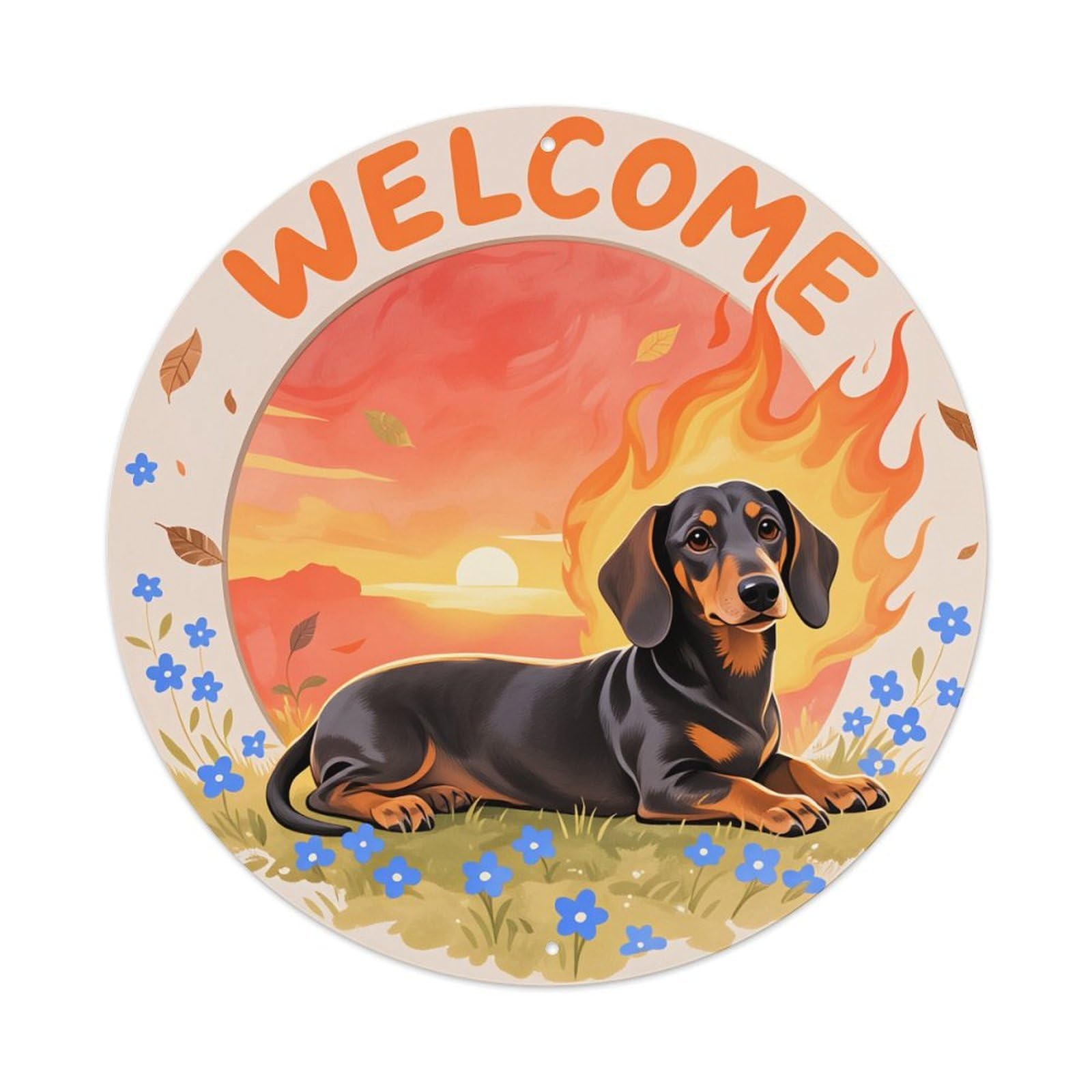 Dachshund Sunset Flames Flowers Welcome Round Tin Sign Retro Metal Sign for Cafe Bar Pub Home Game Room Gym Club Wall Decoration Vintage Metal Poster 8x8 Inch