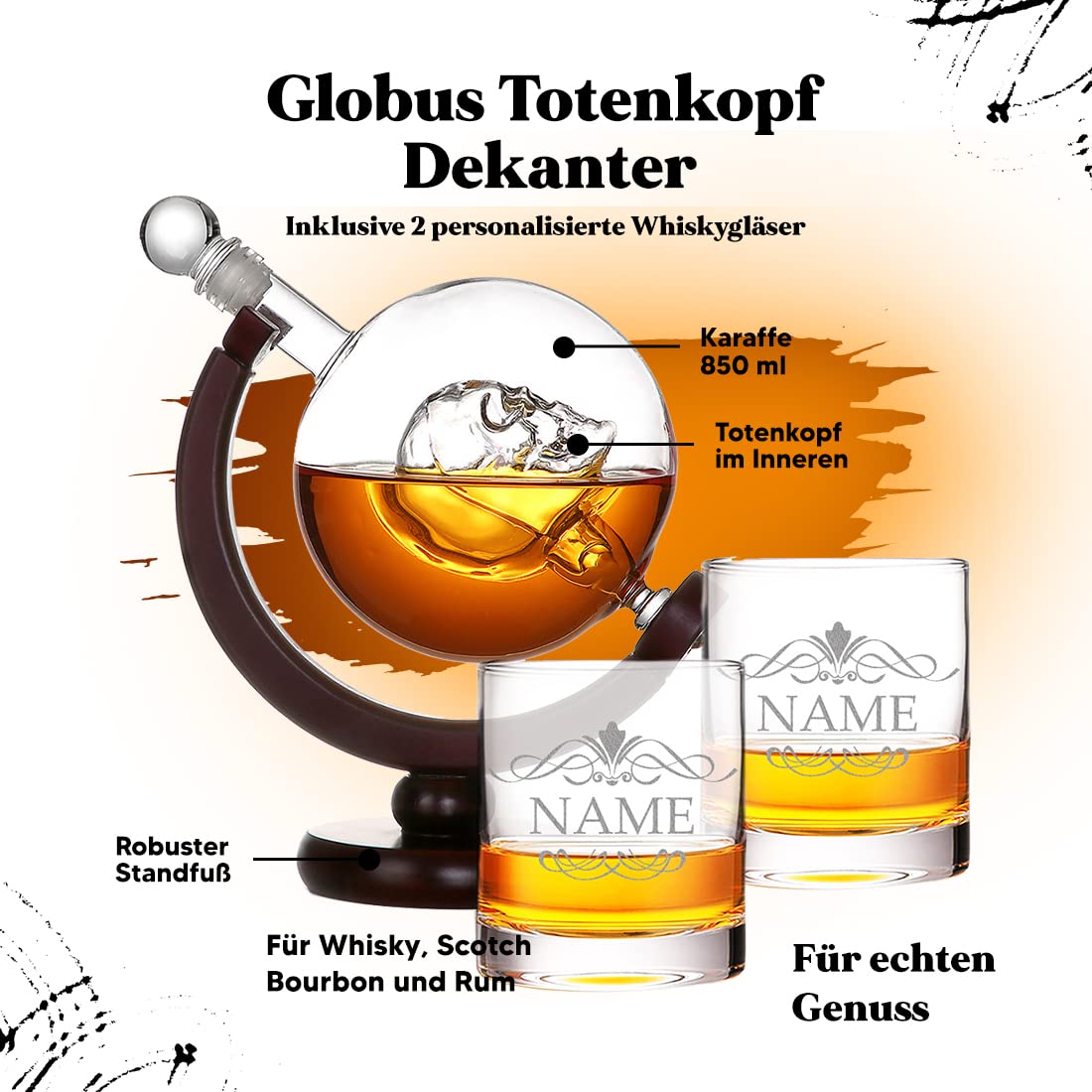 Skull Decanter Bars Set de 850 ml avec gravure – Motif ornement – soufflé à la bouche – Verres personnalisés 320 ml – Scotch, bourbon, rhum – Hommes, papas, frère – Cadeau d'anniversaire, Noël