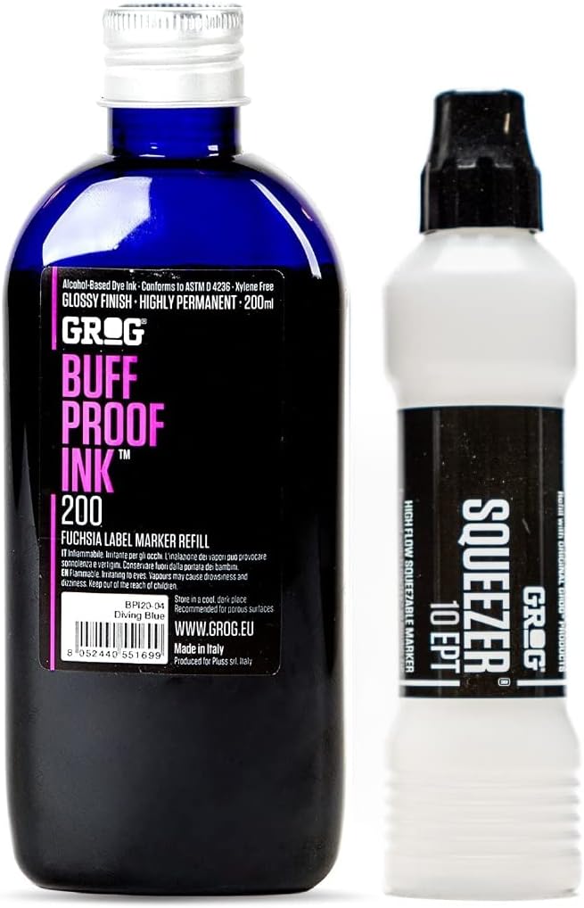 Graff-City Grog Buff Proof Ink & Squeezer 10 EPT - Mop Marker Pen Refill Ink Bundle - Glossy Pack 200ml (Death Black)
