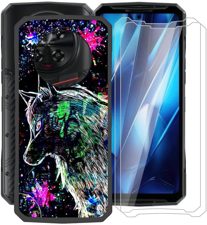 Phone Case for Doogee DK10 (6.67") with [2 x Tempered Glass Protective Film], Ultra-Thin Shockproof Bumper Cover Black Soft Silicone Case for Doogee DK10 - Punk Wolf