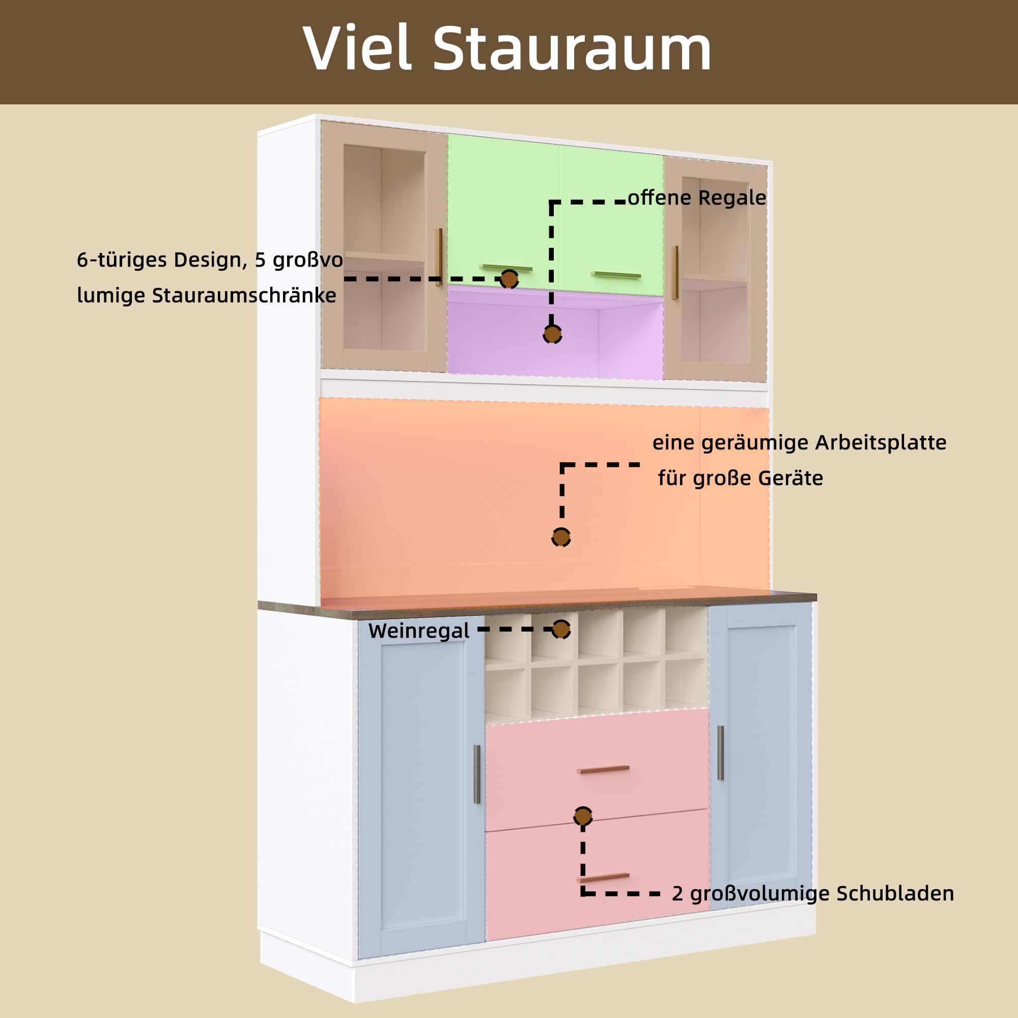 Seitenschrank, Aufbewahrungsschrank, Küchenschrank, 120x36,3x180 cm, mit LED-Beleuchtung und Steckdose, sechs Türen, Zwei große Schubladen, Weiß