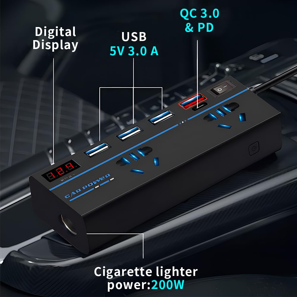 OBEST 200W Inversor 12V/24V DC 110V/220V AC Adaptador Mechero Coche a Enchuf Power Inverter Transformador con Encendedor de Cigarrillos/Toma de 3 Clavijas/Puertos USB/Toma PD/QC
