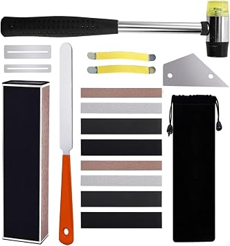 17Pcs Guitar Luthier Repair Tools Set, Include Fret Levelling, Rubber Hammer, Crowning File, Leveling Beam, Rocker, Fingerboard Protectors, String Spreaders and Sandpaper, Guitar Fret Leveling Kit