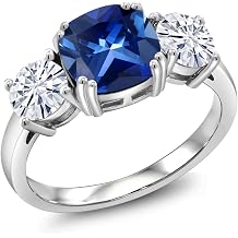 Gem Stone King 925 Silver Created Sapphire Moissanite 3-Stone Ring