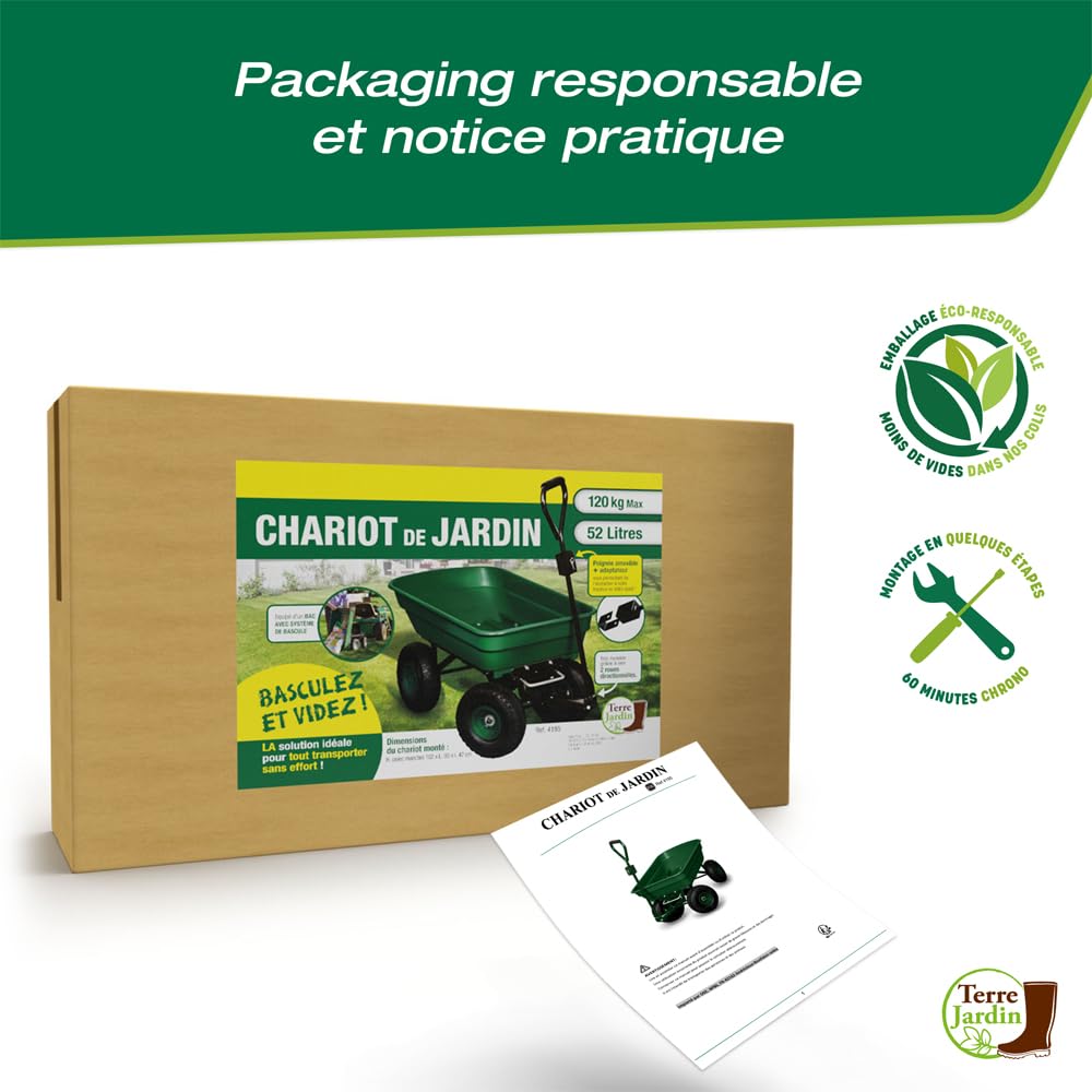 TERRE JARDIN Brouette de Jardin 4 Roues gonflables 120 Kg, Benne Basculante 52 L, Chariot à Bois bûche, Transport Bois de Chauffage, Remorque Attelage intégré - Capacité Basculée 80 Kg