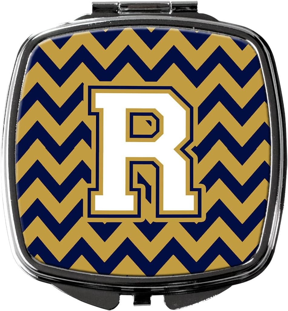 Caroline's Treasures CJ1057-RSCM Letter R Chevron Navy Blue and Gold Compact Mirror Decorative Travel Makeup Mirror for Women Girls Gifts Pocket Makeup Mirror Folding Handheld