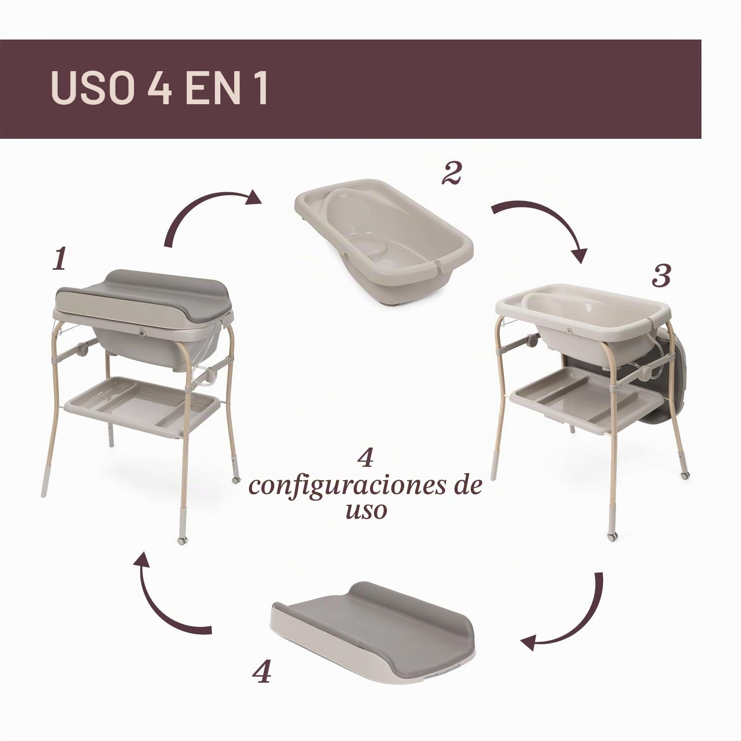 Chicco Cambiador Plegable Soft Bubble Armonía, Cambiador para Bebé con Bañera Integrada, Cubeta Extraíble 4en1, Estructura Ahorraespacio con Ruedas, Altura Regulable, Patas con Efecto Madera