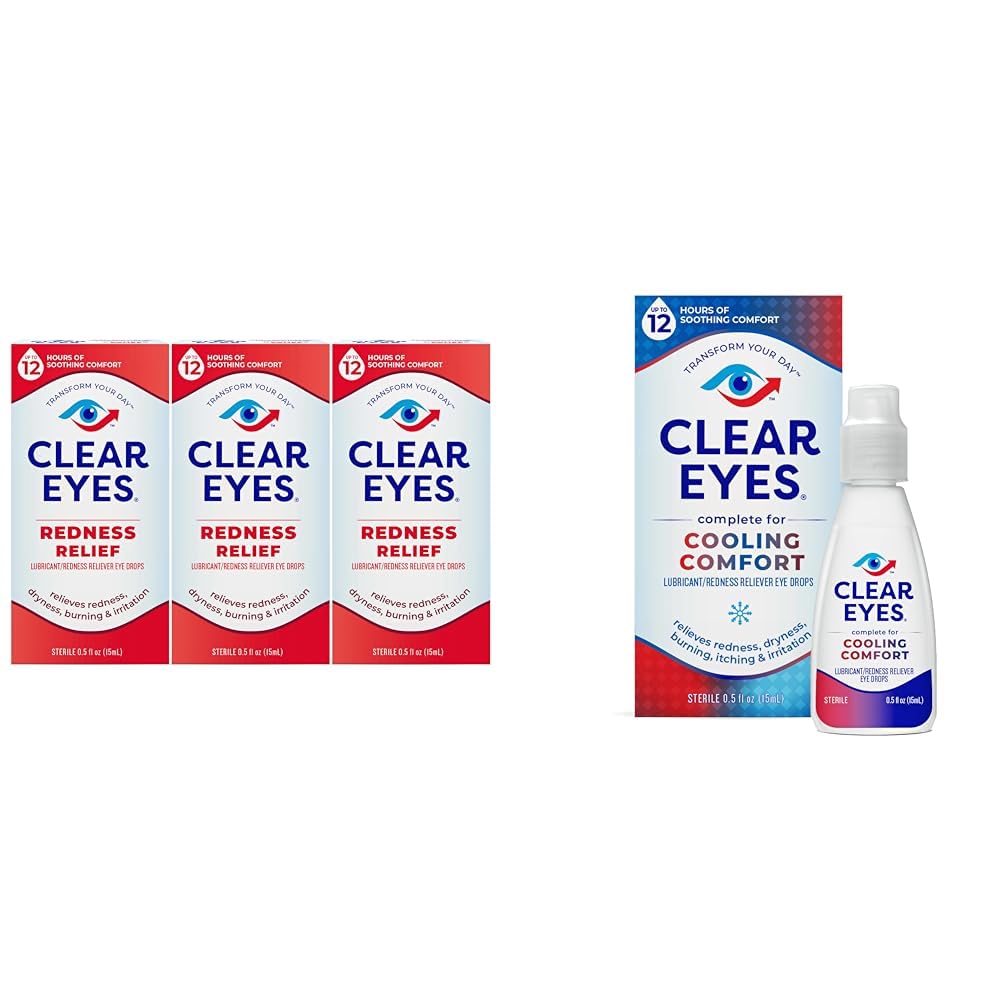 Clear Eyes Redness Relief Eye Drops Pack of 3, Cooling Comfort Eye Drops 0.5 Fl Oz Bundle