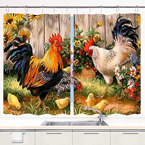 Hatesah Rooster Kitchen Curtains,American Western Farm Watercolor Sunflower And Chicken Print Short Cafe Curtains For Bathroom Window Treatment 2 Panels Set Home Decor Drapes With Hooks,55" Wx39 L #TOP4