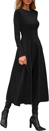 PRETTYGARDEN Women's Long Sleeve A Line Midi Cocktail Dress | Fit and Flare, Modest Crew Neck, Flowy Swing Hem, Vertical Seams, Elegant Fall Winter Dresses for Church, Work, Office Party