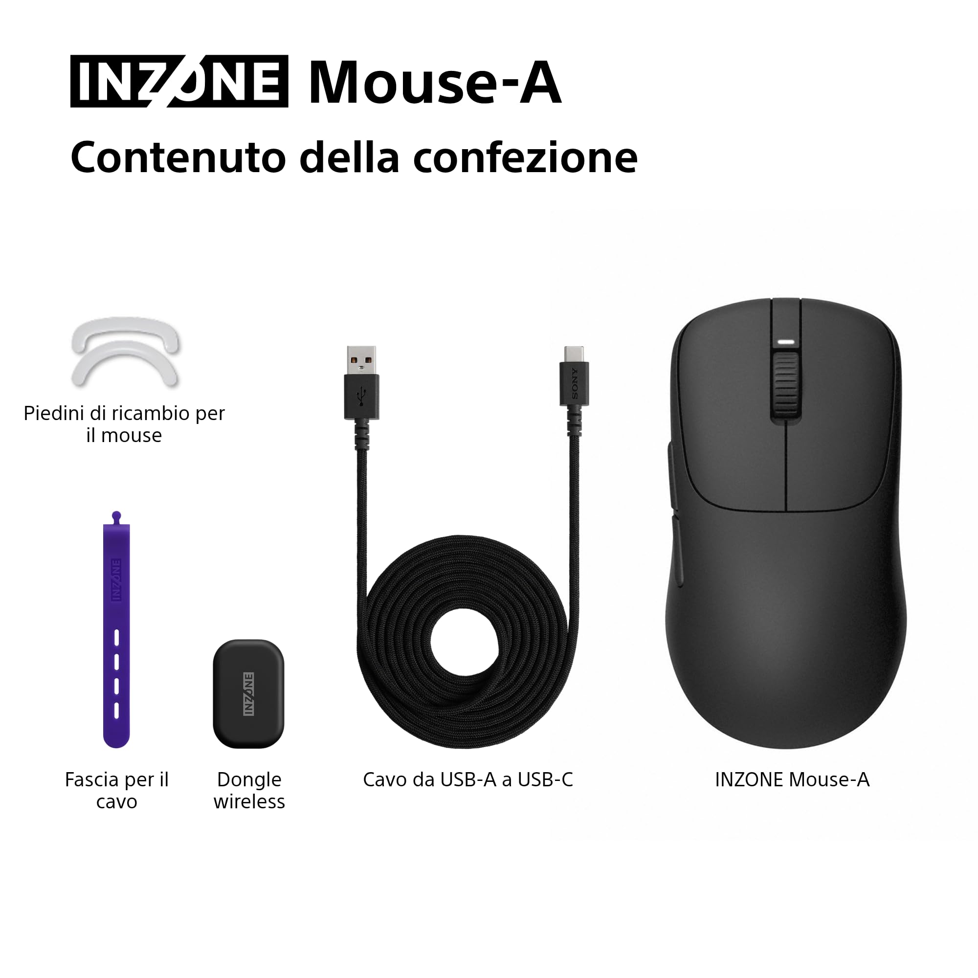 Sony INZONE Mouse-A Mouse da Gaming Wireless –Ultra-leggero 48,4g, Polling Rate 8000Hz, Sensore PixArt 30K DPI, Switch Ottici, Batteria da 90 ore, USB-C, Co-progettato con Fnatic – Per eSport FPS–Nero