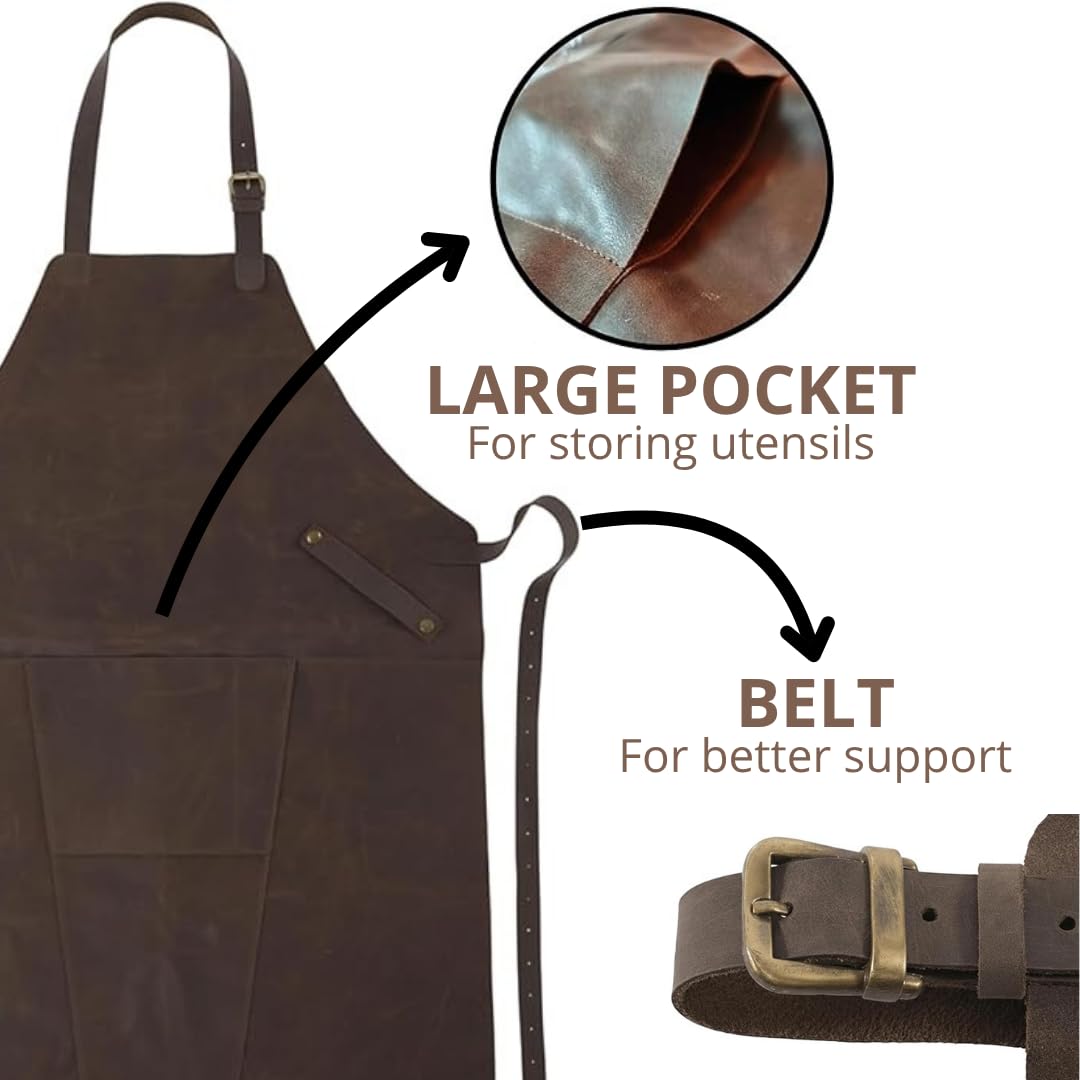Delantal de Cuero Genuino Premium. Industrial Mandil de Piel Reforzada con Correas de Ajuste Técnico para Soldador Carpintero y Herrero Protección Térmica y Mecánica Profesional. 83x63cm