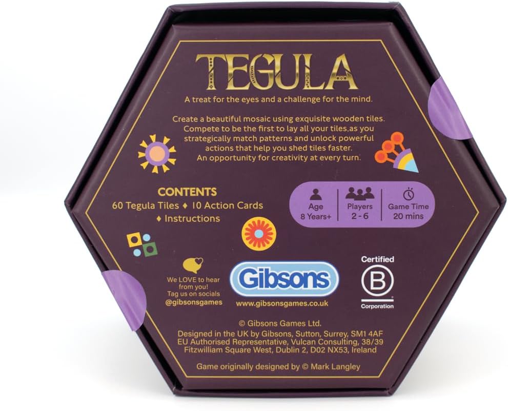 Gibsons Games Tegula Family Strategy Game – Hexagonal Tile Mosaic Game for Kids Age 8+, Includes 60 Tiles & 10 Action Cards, 2-6 Players, 20 Min Playtime