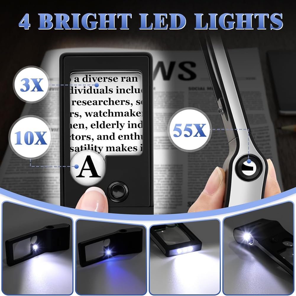 Bloepum Jeweller Magnifying Glass with Light 55x 10x 3X Handheld Magnifying Glass with LED/UV Light for Tight Work, Jewellery