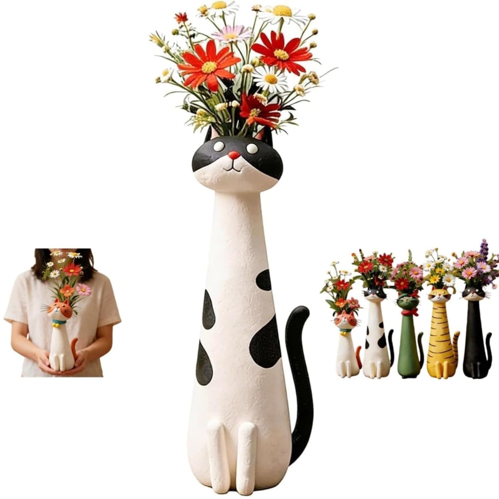 Cute Cat Shaped Resin Vase Handcrafted Animal Sculpture Flower Holder Decorative Ornament for Tabletop Indoor Floral Display (A)