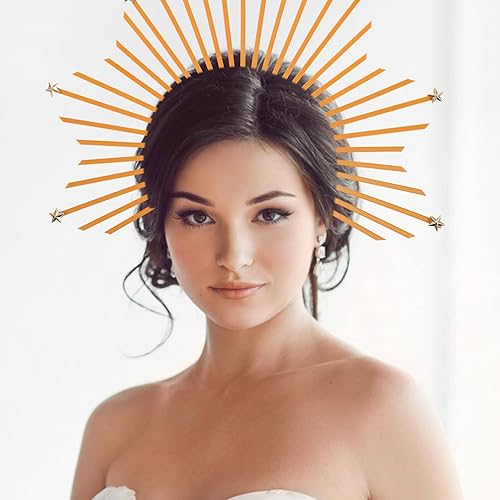 Miniatura 9 de Mobestech Diadema con halo de espigas corona de hoja tocados de doble capa para mujeres estilo bosque diosa decoración de cabello ángel dorado para