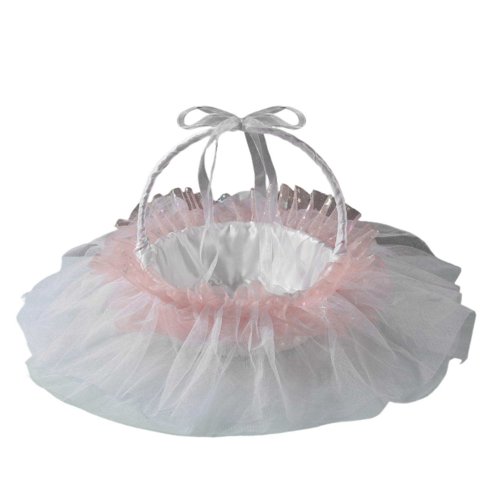 Flower Girl Bow Basket White Pink Tulle Satin