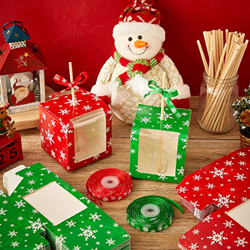 50 Set Christmas Kraft Candy Apple Boxes with Hole Sticks and Ribbons 4x4x4'' Window Clear Favor Boxes Candied Cake Cookies Chocolate Caramel Apple Boxes Gift Treat Boxes for Wedding Party (Snowflake) by Gueevin - Image 5