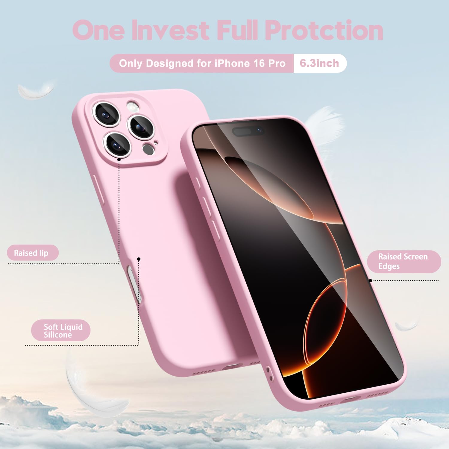 oakxco for iPhone 16 Pro Max Case Liquid Silicone, Soft Rubber Gel Elegant Aesthetic Basic Simple Cover, Cute Thin Slim TPU Matte Solid Color Plain Smooth Case for Women Girl, Light Pink — view 260