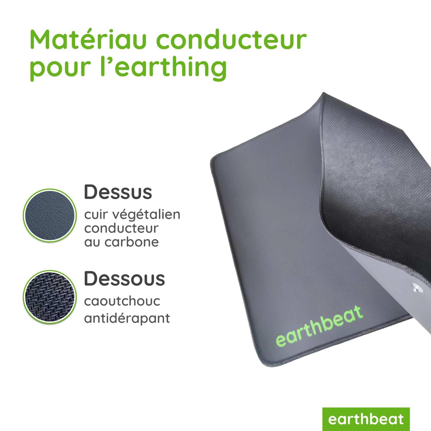 earthbeat Classic Tapis d’Earthing. Adaptateur français inclus. Kit testeur de mise à la terre gratuit. Thérapie naturelle pour la qualité du sommeil et le bien-être. Cuir vegan conducteur. 33×60 cm