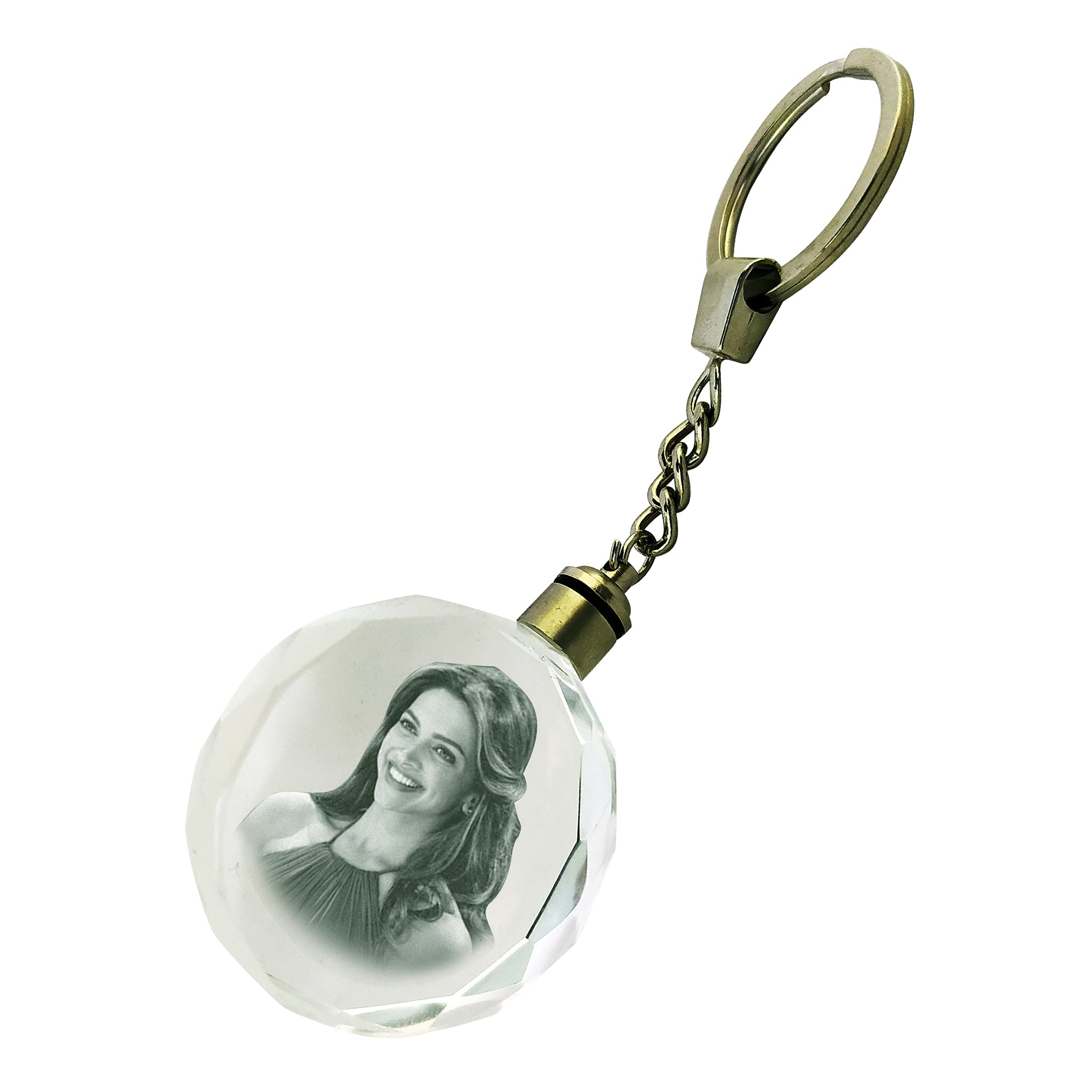 Blue Crystal Personalized 3d Photo Engraved Multicolor Led Light Round Shape with Diamond Cut Key Chain ( 35x35x15 MM )