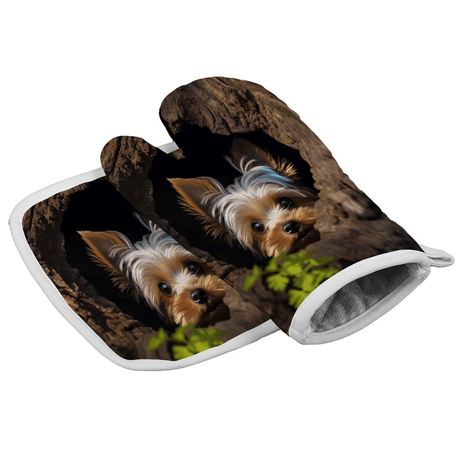 Fodpand Style A Little Yorkshire Terrier Nestled In A Tree Hole Oven Mitt Set With Lanyard, Cooking Mitt, Protective Thermal Insulation,Kitchen Mitt For Baking, Cooking, Grilling, Microwave