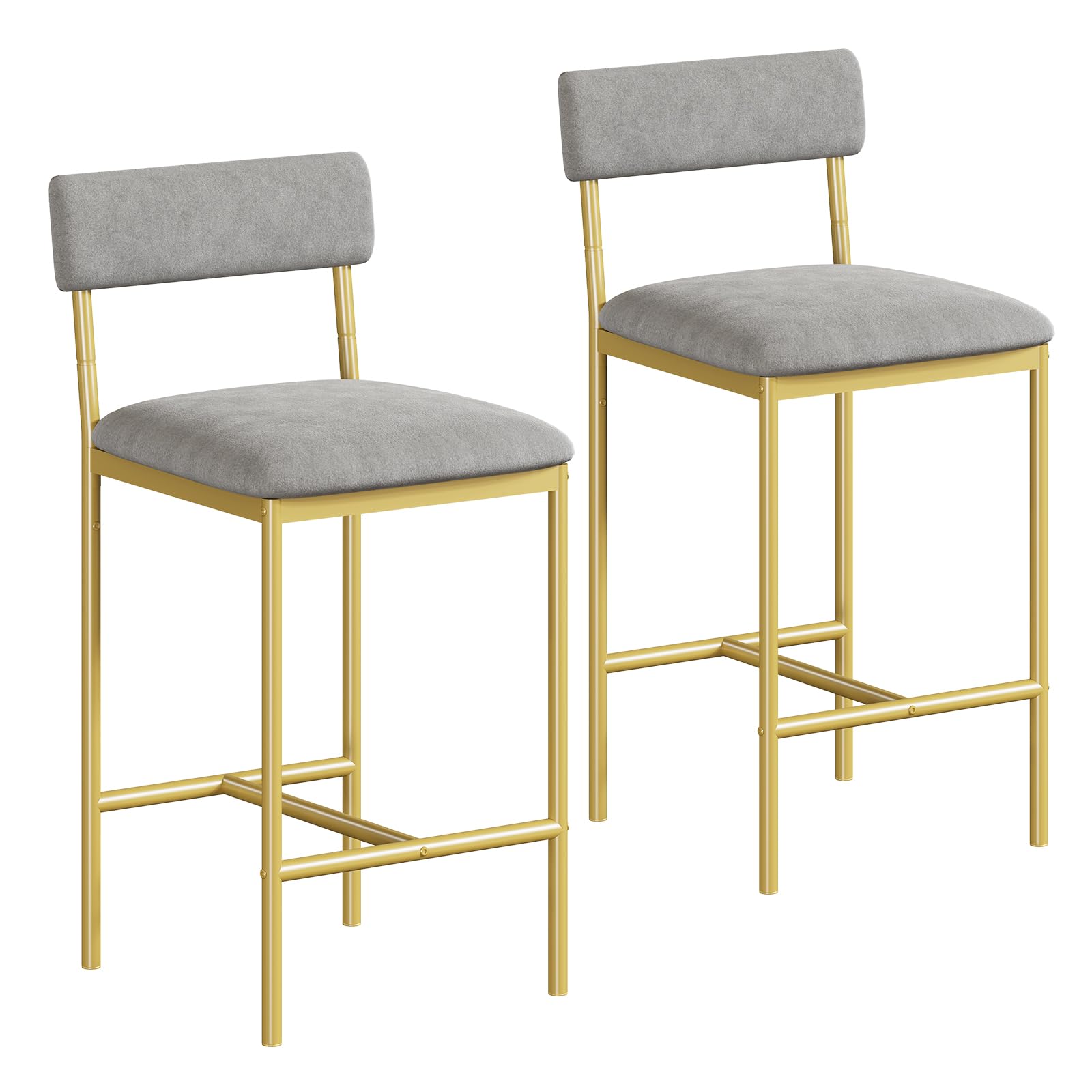 Barhocker-Set 2er Set Tresenhöhe, gepolsterte Barstühle mit Dicker Sitzfläche, Rückenlehne und Fußstütze,pflegeleicht, platzsparend, einfache Montage, Gold Grau