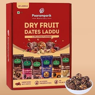Dry Fruits Laddu Assorted - 24 Laddu| 6 Flavour Dry Fruit, Chocolate, Cranberry, Orange Dates Laddu, Till laddu, Coffee Laddu| Date Sweetened, no palm oil (Dry Fruit Laddu Gift Box)