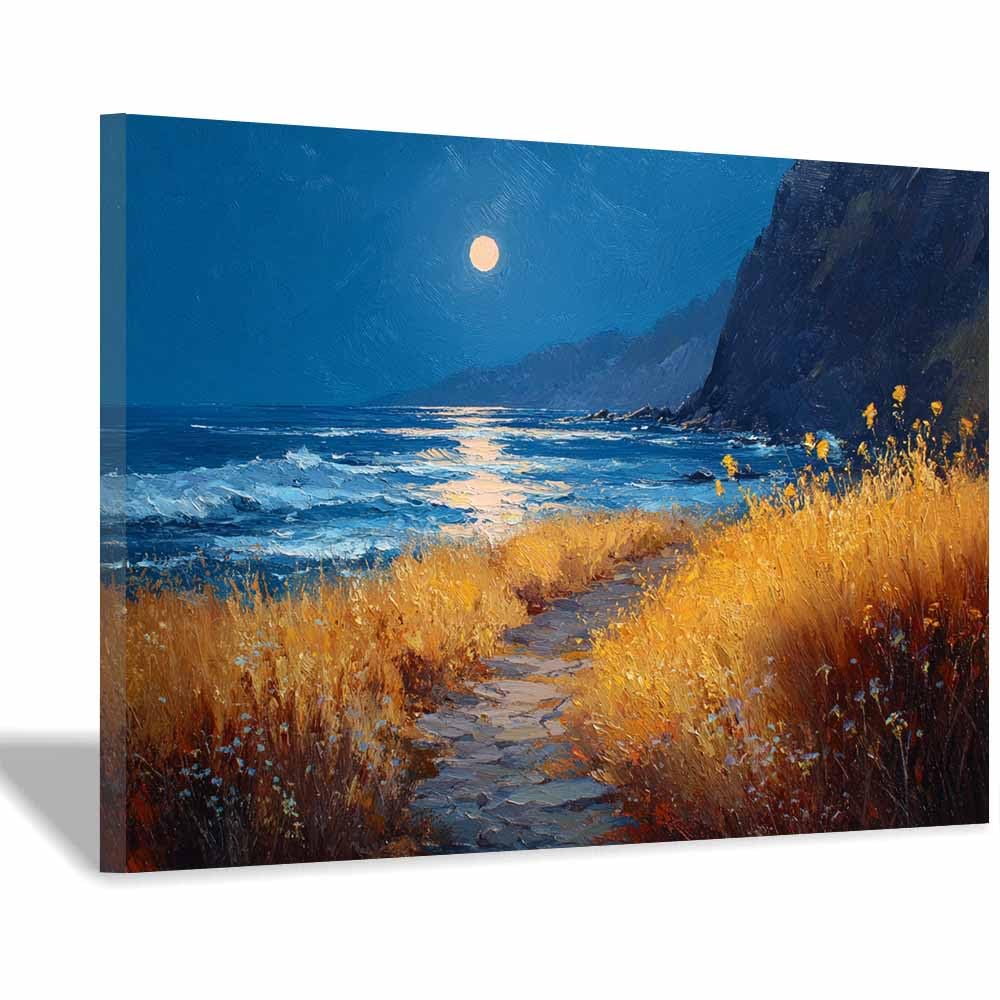 DMZPKZB Natural Landscape Wall Decor Moonlit Coastsal Oil Painting Beautiful scenery Painting, Modern Artwork,for Living Room,Bedroom,Office Bathroom,Dining(Multicolor)-60x90cm Framed