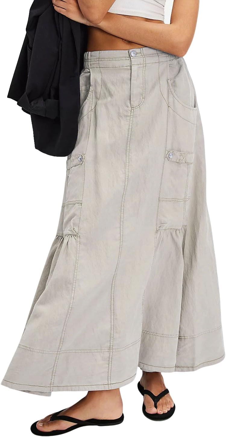 CHARTOU Women Lightweight Tencel Denim Skirt Utility Maxi Parachute Cargo Skirt with Pockets