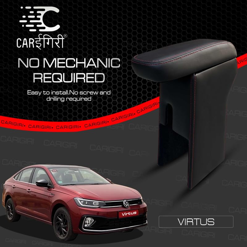 Image of Carigiri Premium Finish Car Armrest with Storage Box And High Density Moulded Foam For Volkswagen Virtus (Black With Red Seam,Nappa Leatherette)