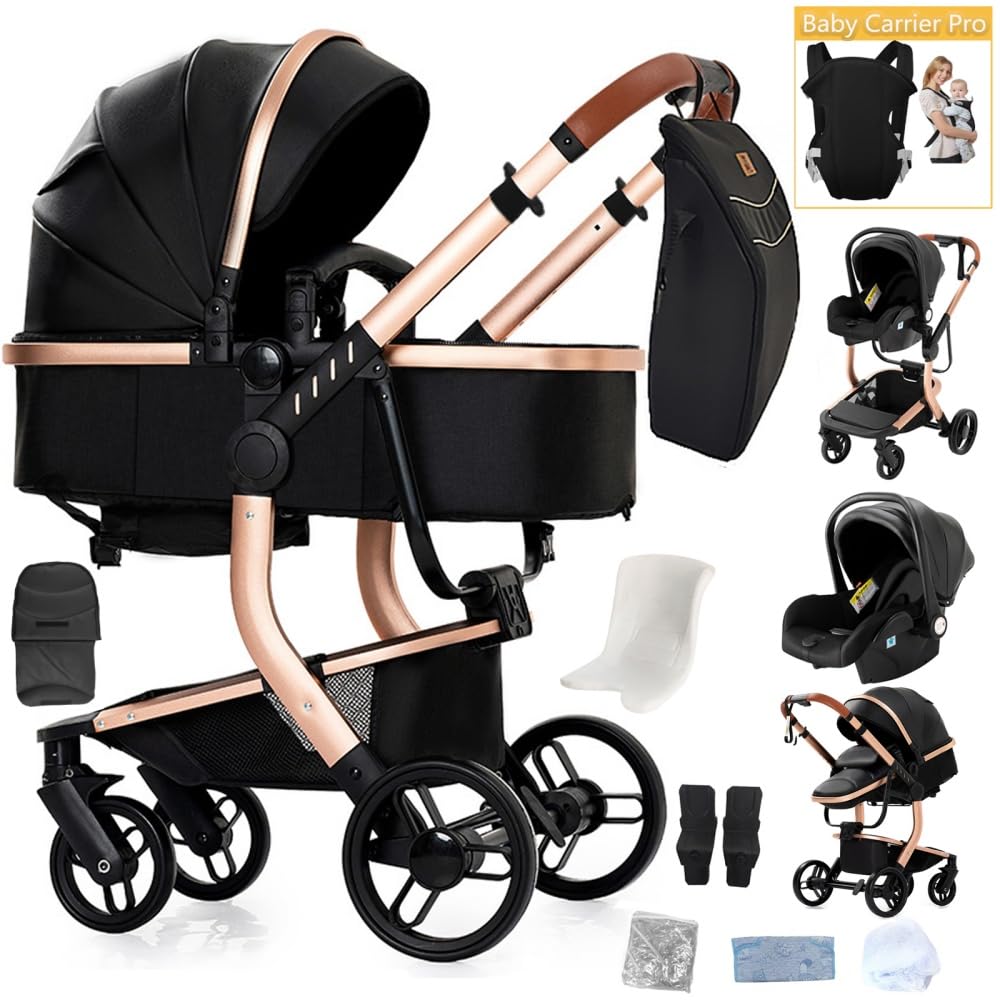 Cochecito 3 en 1 Compacto Plegable con Asiento Convertible,Negro | Plegado sencillo, asiento reclinable, incluye bolso de mamá y portabebés para 0–4 años