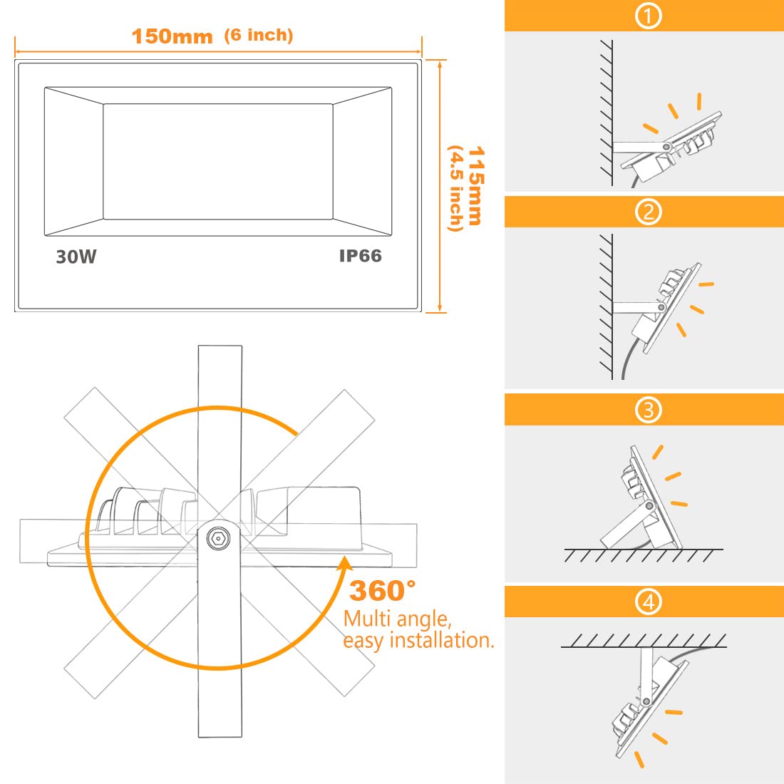 iLC RGBW LED Projecteur Extérieur 30W 3000 Lumens IP66 Étanche Paquet de 2