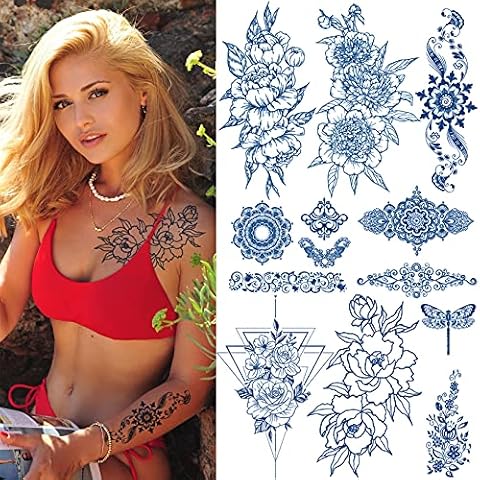 Aresvns Semi-Permanent Tattoos for Women,Realistic Temporary Tattoos Long-Lasting,2 Weeks Tattoos,Dark Blue Lifelike Fake Tattoos Cover