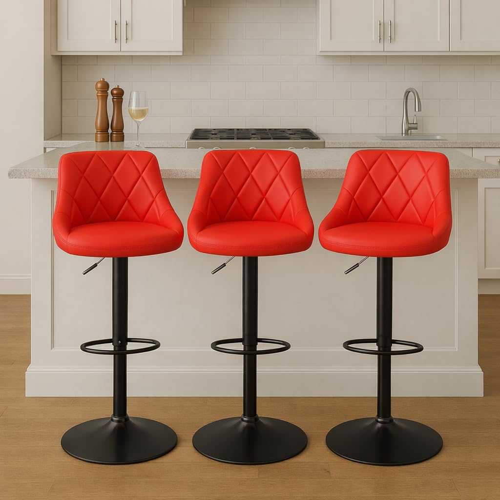 MOF Adjustable Bar Stools Set of 3, Swivel Faux Leather Breakfast Bar Stools with Backrest, Counter Height Kitchen Island Bar Chairs/Counter Stools with Footrest, Diamond Quilted (Red)