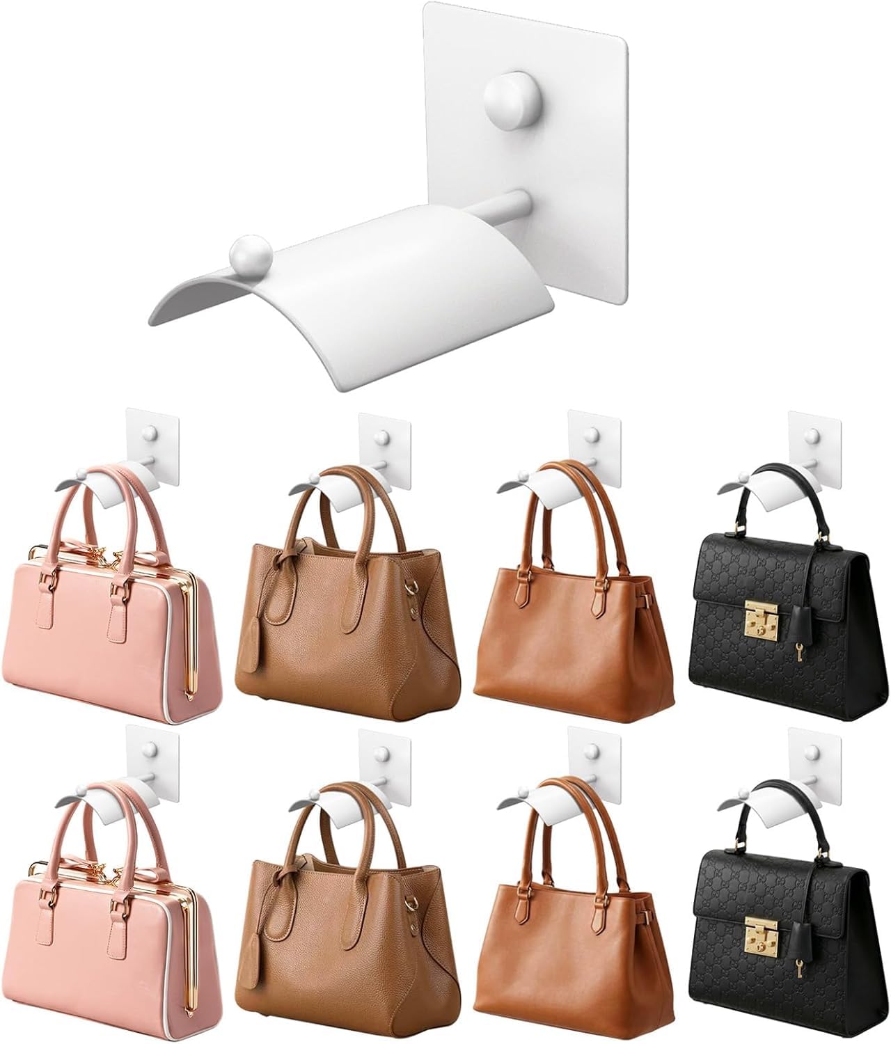 Metal Handbag Wall Hooks, Curved Bag Hanger, Space Saving,4 Pack (8, White)